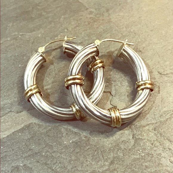 ❤️ Two Tone Twisted Cable Hoop Earrings Sterling Silver 925 and 14K Yellow Gold - Picture 6 of 8